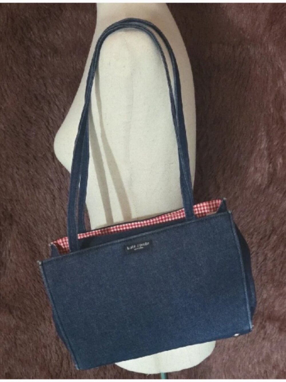 Vintage Kate Spade New York Denim Shoulder Bag with Red Gingham Lining — Y2K